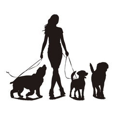 Vector silhouette of women  walk with her dogs with leash on white background. Symbol of animal, pet, friends,walk.