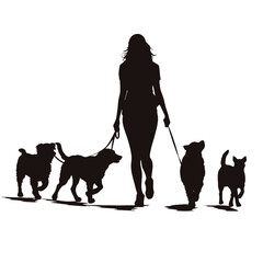 Vector silhouette of women  walk with her dogs with leash on white background. Symbol of animal, pet, friends,walk.