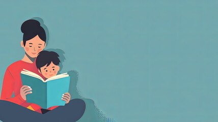 Horizontal AI illustration mother and child enjoying storytime together. People concept.