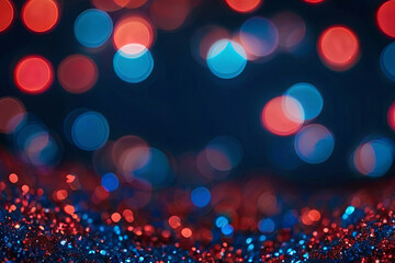 Vibrant abstract red, white, and blue glitter background with sparkling bokeh lights. 