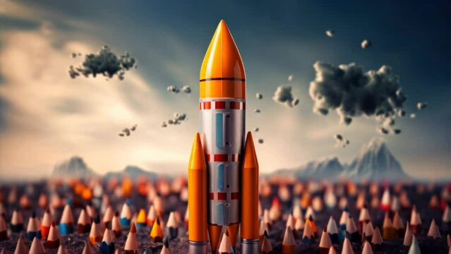 Educational concept background, rocket made up of pencil and sky background, rocket and pencil