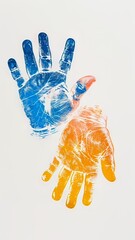 Vertical AI illustration colorful handprints in blue and orange on a white background. People.