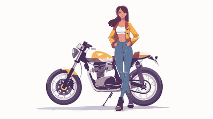 A beautiful girl stands with a motorcycle
