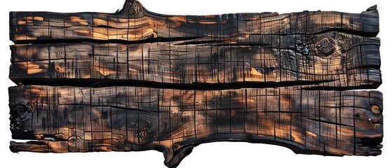 A piece of wood with burn marks on it. The wood is split into two pieces - obrazy, fototapety, plakaty