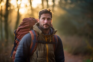 
A portrait of a handsome man wearing a weighted rucksack, ready for a rucking session in the early morning light - obrazy, fototapety, plakaty