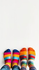 Vertical AI illustration playful striped socks on feet a white background. People concept.