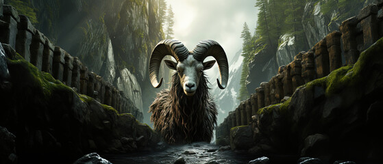 a goat standing in a rocky canyon with a waterfall - obrazy, fototapety, plakaty