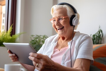 Senior lady person with white hair, happily working on laptop with headphones 