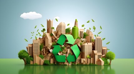 Earth Day concept, green recycle logo, city made of card board, clean and green, planet earth