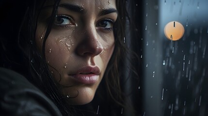 Portrait of a beautiful woman with a sad worrisome expression, disappointed in the rain, dramatic lighting  - obrazy, fototapety, plakaty