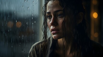 Portrait of a beautiful woman with a sad worrisome expression, disappointed in the rain, dramatic...