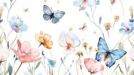 A painting of a field of flowers with butterflies and a blue butterfly. The painting is full of color and has a lively, cheerful mood
