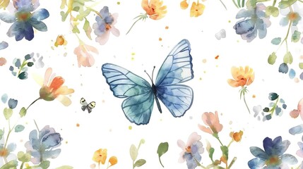 A butterfly is flying in a field of flowers. The butterfly is blue and the flowers are yellow and orange