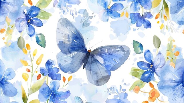A butterfly is painted on a blue background with flowers. The butterfly is surrounded by a variety of flowers, including some that are blue and yellow. Scene is peaceful and serene, as the butterfly