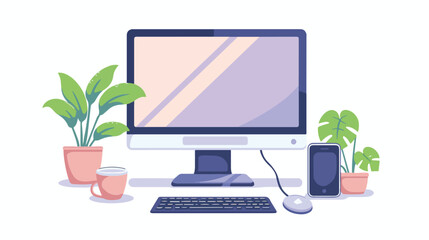 Computer with mouse and keyboard flat vector isolated