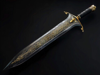 Exquisite medieval dagger with ornate etchings and gold accents isolated on black.