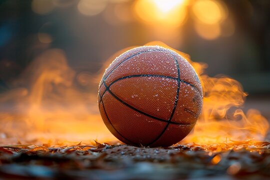 basketball photographed in the middle of the basketball court with the effects of spotlights and smoke