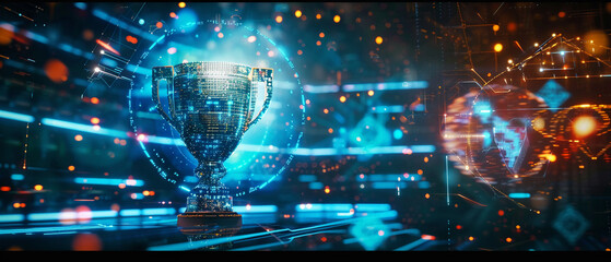 A holographic display featuring a shimmering trophy rotating in digital space. 3d render.