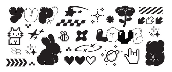 Set of y2k style elements vector. Hand drawn collection of heart pixel, fluffy, flower, rabbit, cat, bee, organic shape in black and white color. Design for print, cartoon, card, decoration, sticker.