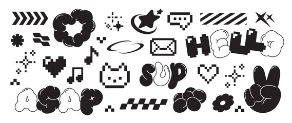 Set of y2k style elements vector. Hand drawn collection of heart pixel, fluffy, flower, rabbit, envelope, organic shape in black and white color. Design for print, cartoon, card, decoration, sticker.