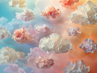 A multitude of paper clouds in various hues floating against a pastel backdrop. 3d render.