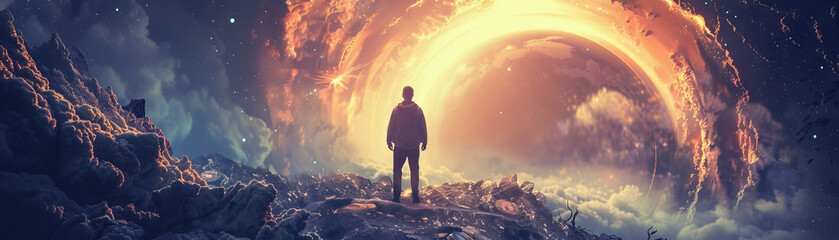 Adventurer silhouette at the threshold of a vortex door in a breathtaking sci-fi landscape