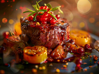 An artistic close up of a beef dish, showcasing juicy textures and vibrant garnishes, under soft...