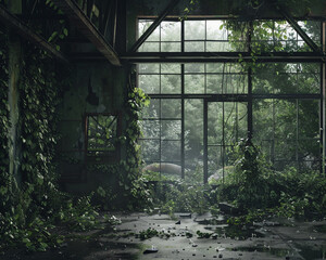 An abandoned factory overtaken by nature. 3d render. - obrazy, fototapety, plakaty