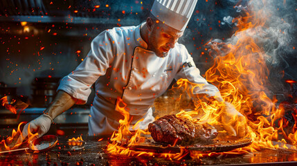 An action shot of a chef flambe a beef dish, capturing the dramatic flames and the art of cooking. - obrazy, fototapety, plakaty