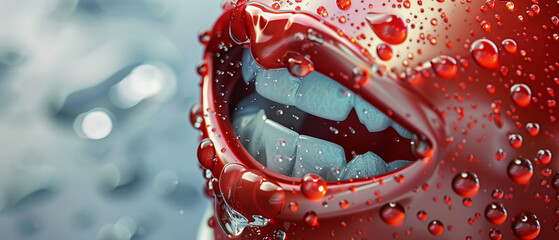 Close-up of a soda can with a red lip design, creating an illusion of sipping, concept of thirst and allure.