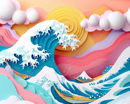 Artistic paper waves crashing in a sea of bright papercut clouds. 3D render.