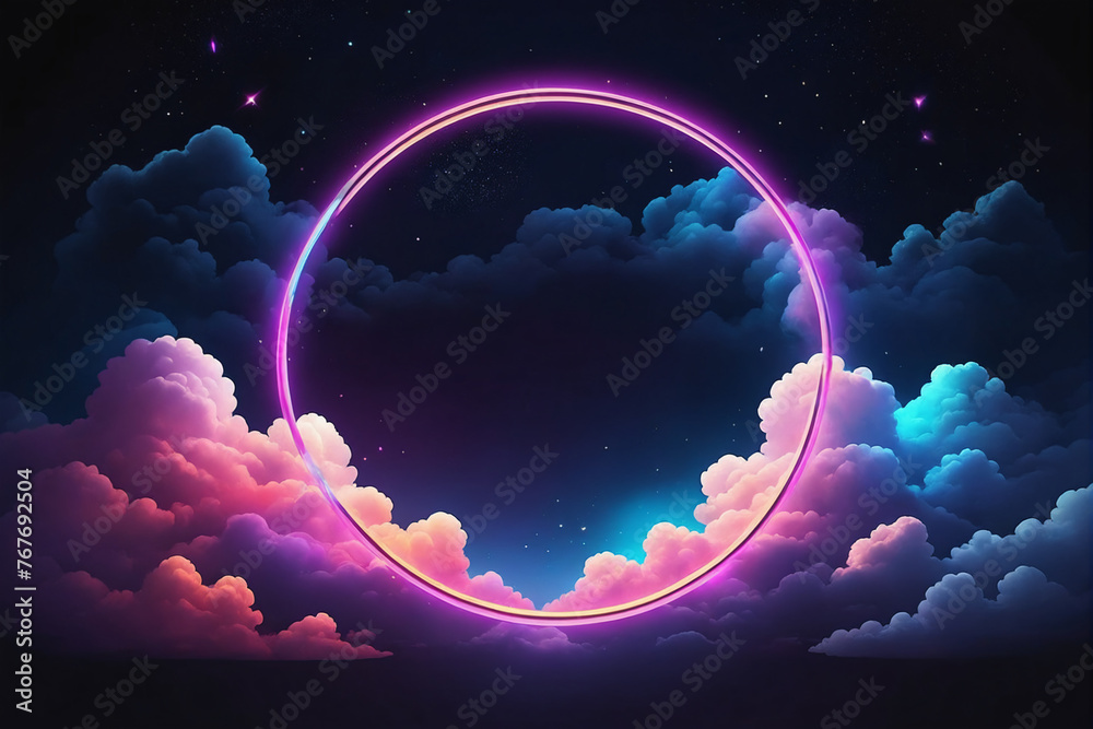 Aufkleber abstract cloud illuminated with neon light ring on dark night sky. glowing geometric shape, round fr