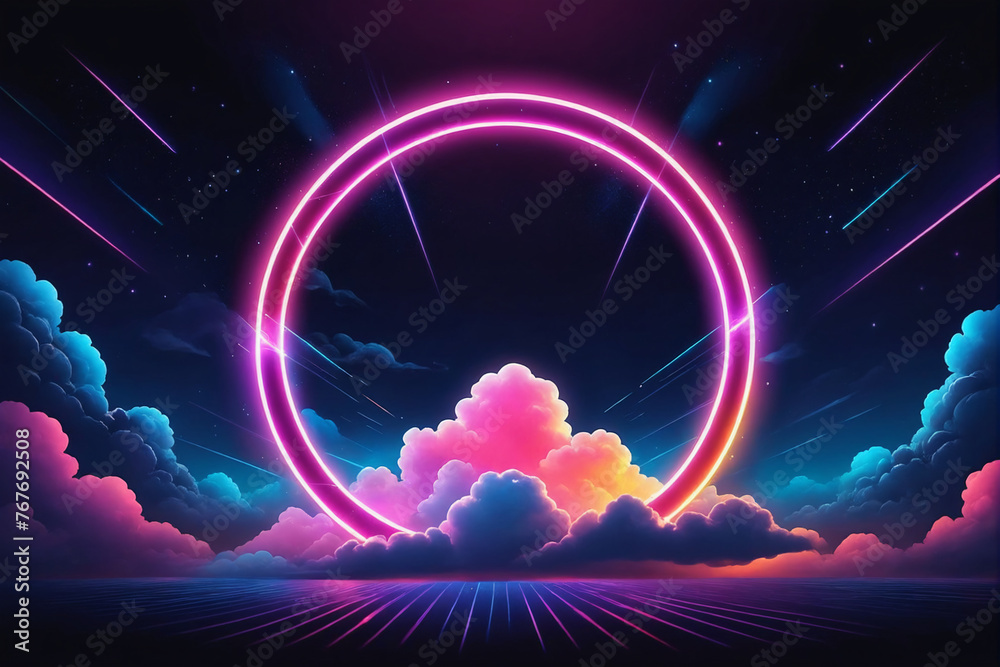 Aufkleber abstract cloud illuminated with neon light ring on dark night sky. glowing geometric shape, round fr