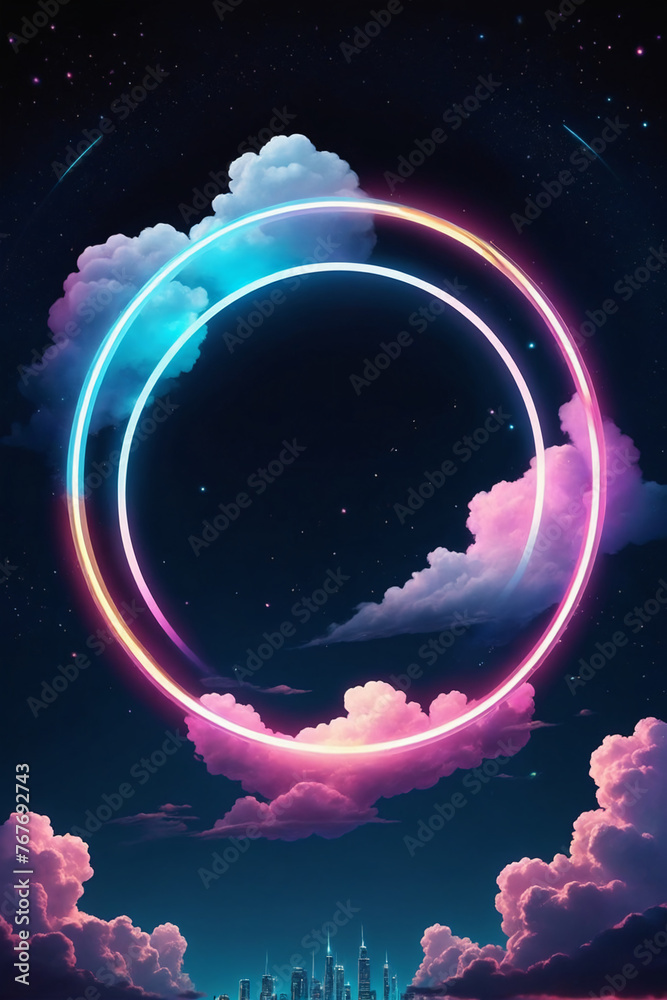 Aufkleber abstract cloud illuminated with neon light ring on dark night sky. glowing geometric shape, round fr