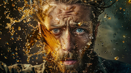 Man with intense gaze, face partially obscured by vibrant splashes of golden liquid, exuding energy.