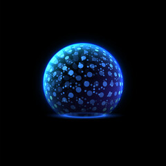 Blue glowing sphere shield with round shapes of different sizes, vector illustration