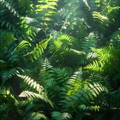 The sunlight filters through the foliage of terrestrial plants like ferns and shrubs, creating a beautiful natural landscape in the forest