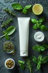 Mockup of an unbranded cosmetic tube paired with Vitamin E-rich herbal accents for a nourishing skincare line