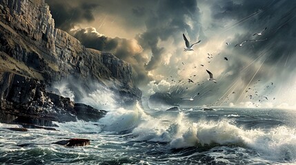 A dramatic seascape with towering waves crashing against rugged cliffs seagulls soaring overhead under a stormy sky with streaks of light breaking through the clouds - obrazy, fototapety, plakaty