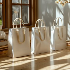 Three white bags with brown handles are sitting on a wooden table. The bags are all the same size and color, and they are tied together with a brown cord. The scene is simple and elegant