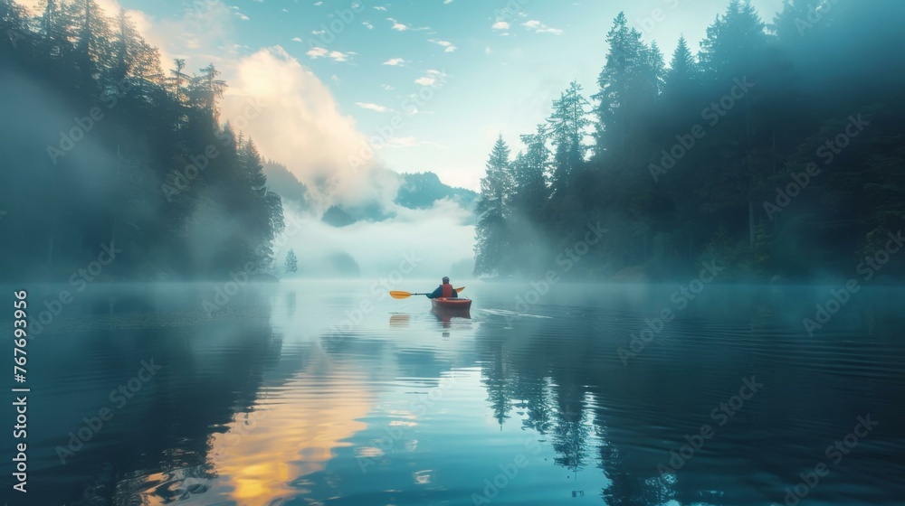 Wall mural A person in a canoe on the water with misty trees. Generative AI.