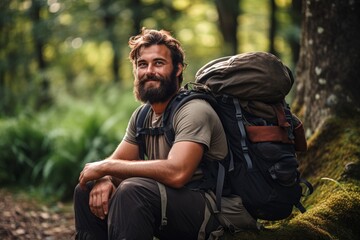 A rucking enthusiast taking a break, with the weighted rucksack beside them on a scenic trail - obrazy, fototapety, plakaty
