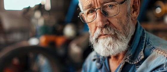 A man with glasses and a beard is sitting in a blue shirt. He looks tired and is staring at the camera - obrazy, fototapety, plakaty