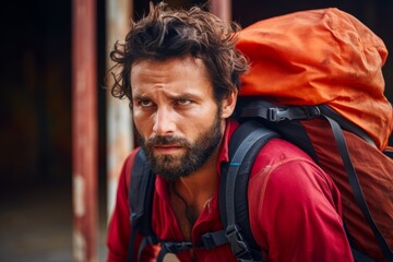 
Portrait of a male person tightening their rucksack before starting their rucking workout, determination in their eyes - obrazy, fototapety, plakaty