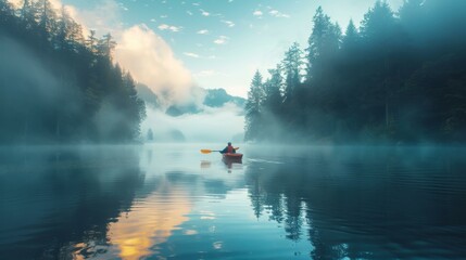 A person in a canoe on the water with misty trees. Generative AI. - obrazy, fototapety, plakaty
