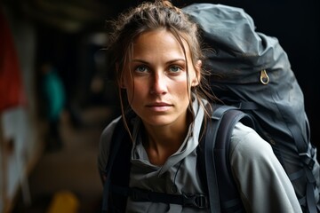A beautiful woman tightening their rucksack before starting their rucking workout, determination in their eyes - obrazy, fototapety, plakaty