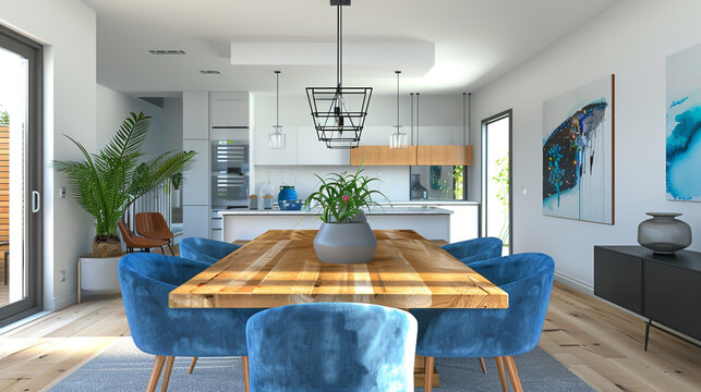 Modern dining room depicted in 3D, featuring a wooden table and blue chairs."