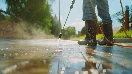 A man is cleaning a sidewalk with a pressure washer. The sidewalk is wet and the man is wearing boots - obrazy, fototapety, plakaty