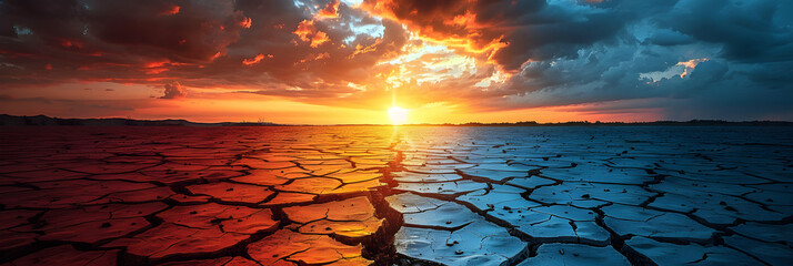 Desertification and Drought ,
Dry cracked earth contrasting with a dramatic sky filled  - obrazy, fototapety, plakaty