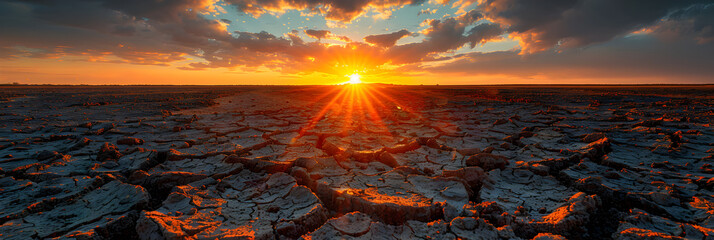 Desertification and Drought ,
A sunset over a desert with a golden sunset - obrazy, fototapety, plakaty
